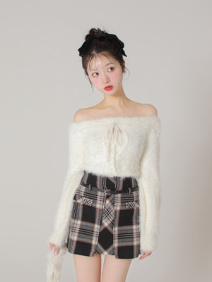 Ribbon off shoulder shaggy knit tops (eme10525)