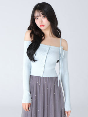 Off shoulder ribbon knit tops(eme10397)