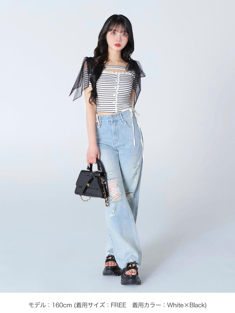 Decollete cut tulle ribbon tops(eme10398)