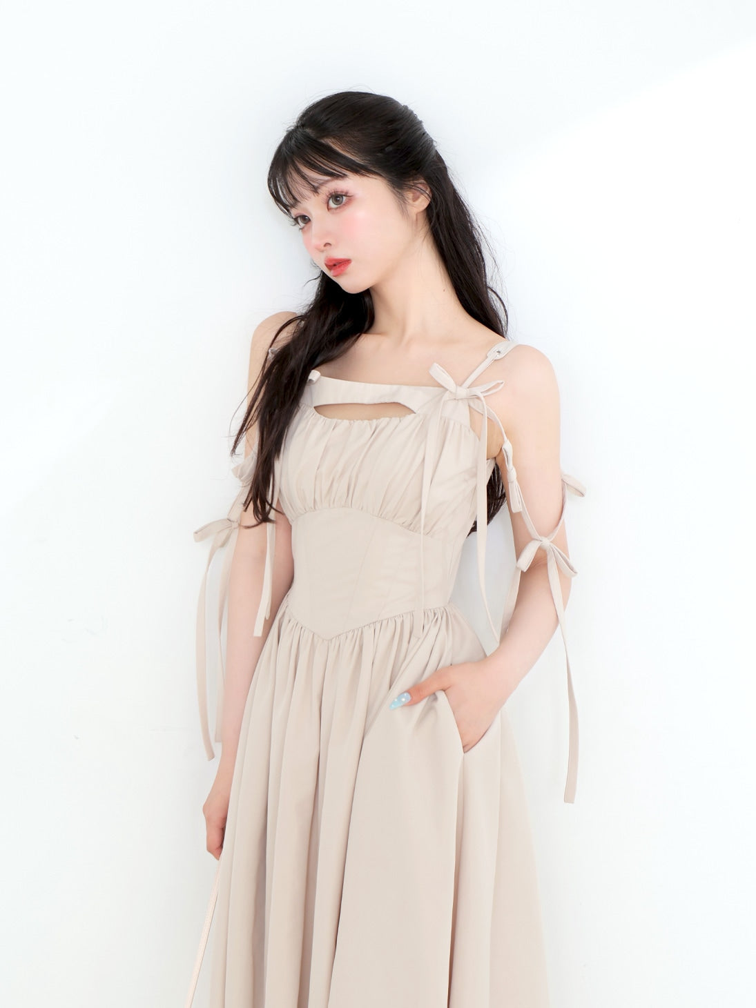 Ribbon gather flare long onepiece(eme10713)