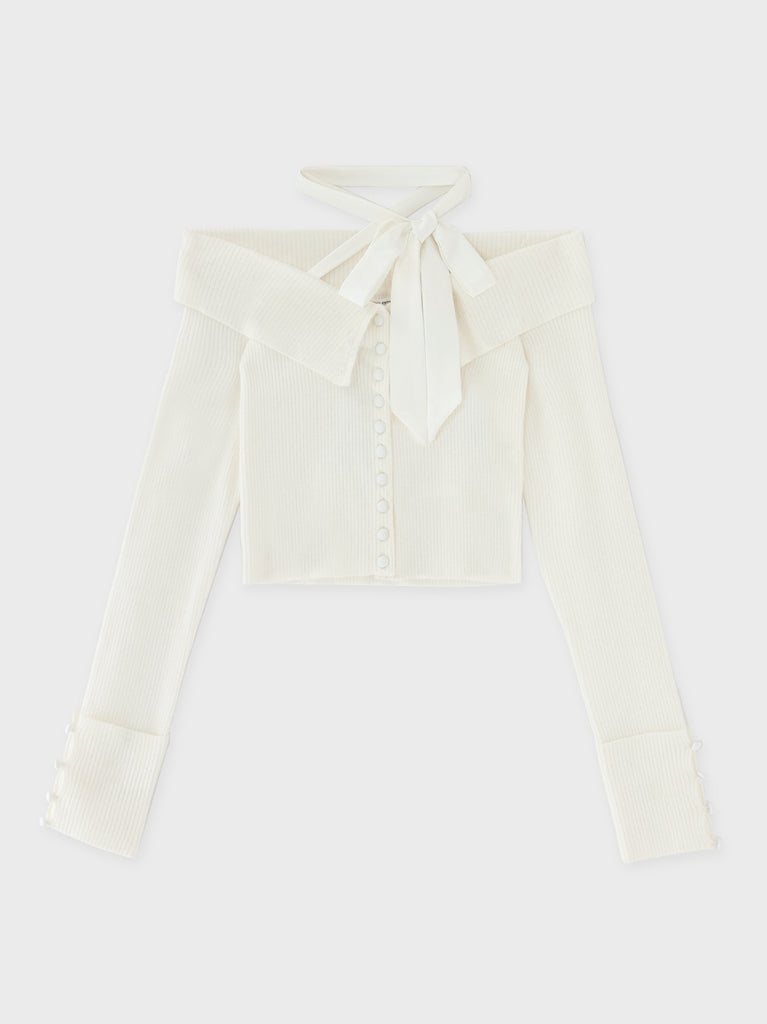 Decollete ribbon off shoulder knit tops(eme10371)