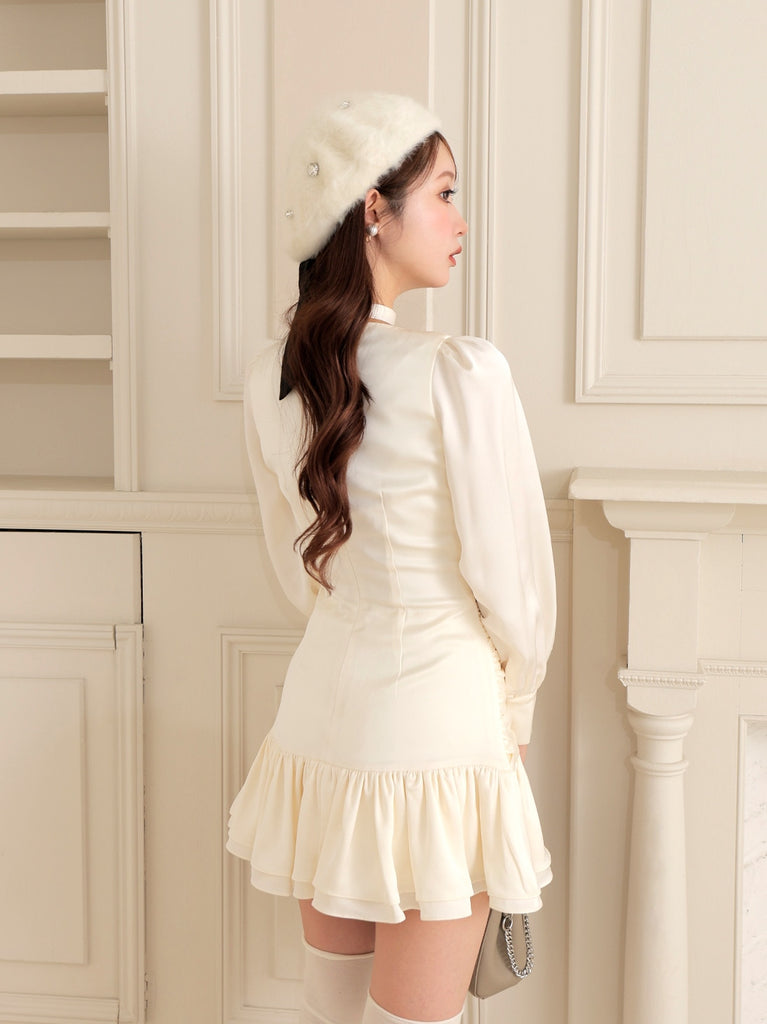 Gather ribbon blouse onepiece(eme10735)