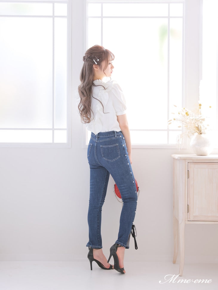 【SALE】Ribbon skinny denim (eme10128)
