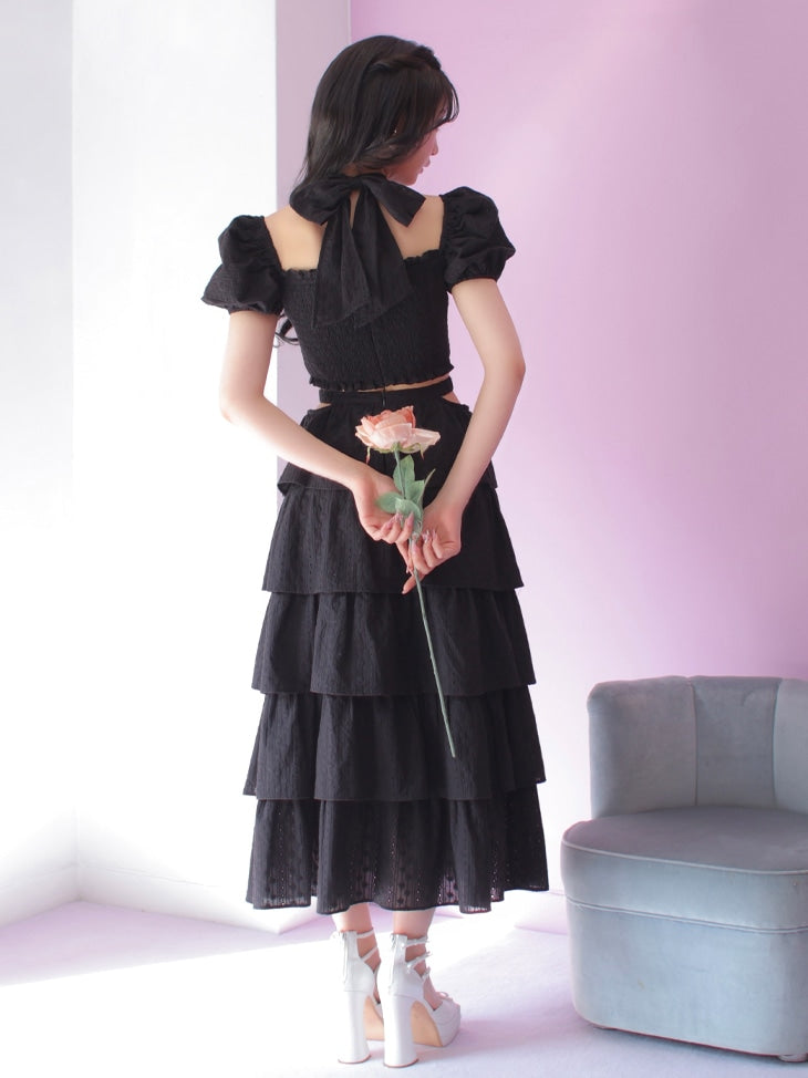 【SALE】Cotton lace tiered long skirt (eme10438)
