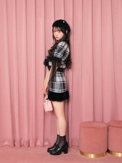 【SALE】Check knit fake fur skirt(eme10365)