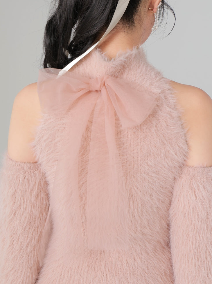Back ribbon shaggy knit mini onepiece(eme10376)