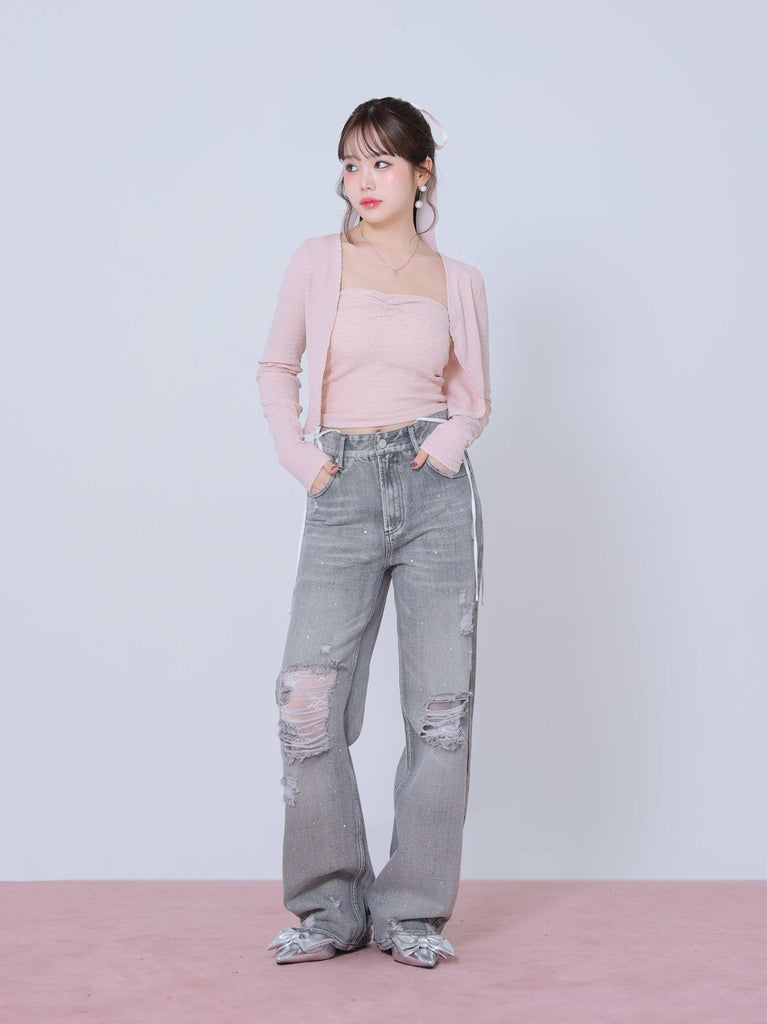 Back ribbon bear ensemble tops(eme10381)