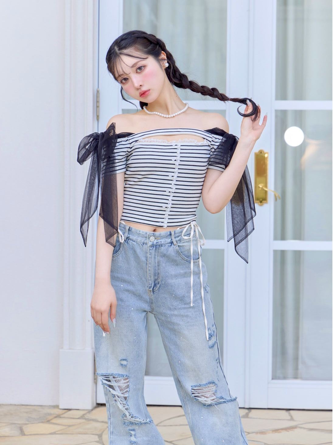 Side ribbon straight denim(eme10390) – M me eme