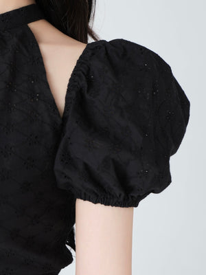 Cotton lace cut-out tops(eme10476)