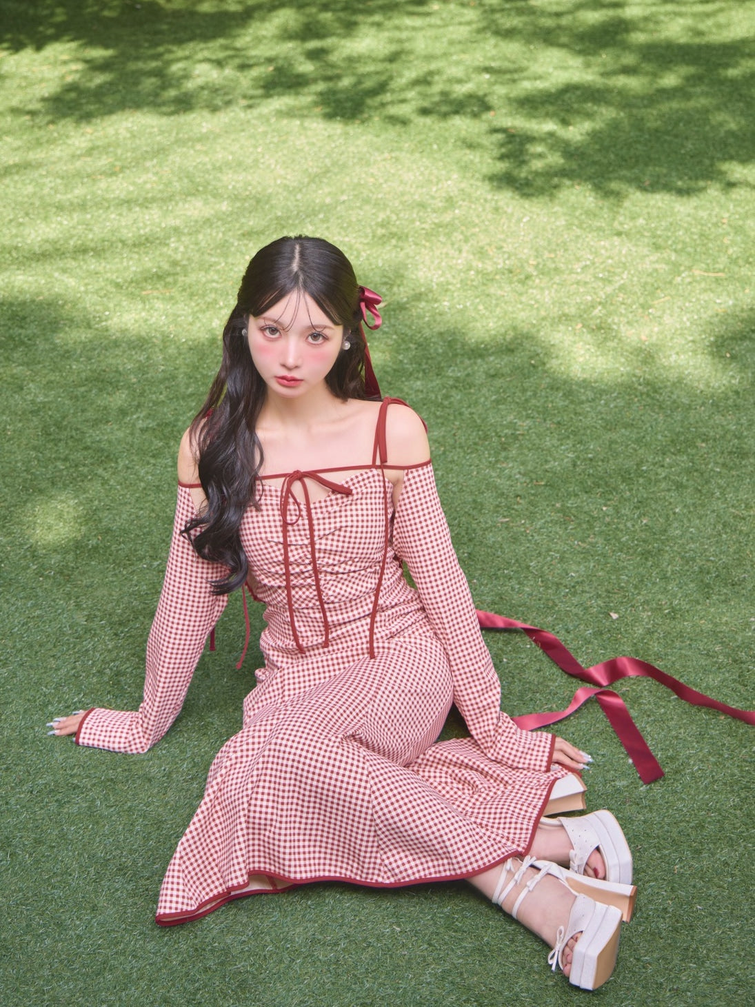 Gingham check ensemble long onepiece(eme10812) – M me eme