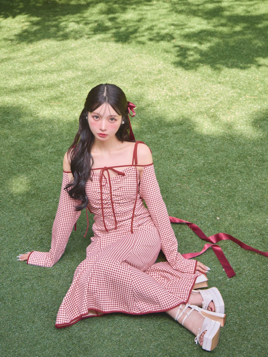 Gingham check ensemble long onepiece(eme10812)