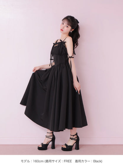 Ribbon gather flare long onepiece(eme10713)