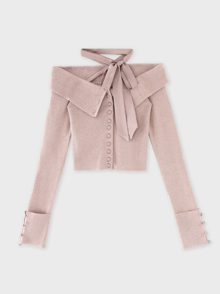 Decollete ribbon off shoulder knit tops(eme10371)