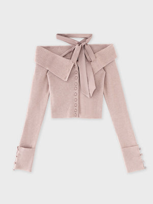 Decollete ribbon off shoulder knit tops(eme10371)