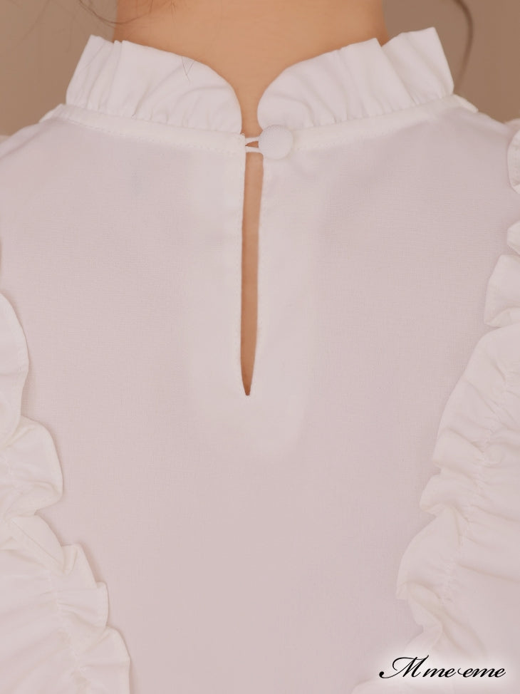 【SALE】Pearl ruffle bow tie blouse (eme10224)