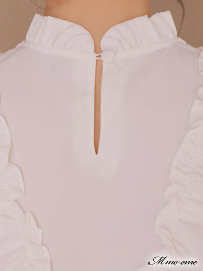 【SALE】Pearl ruffle bow tie blouse (eme10224)