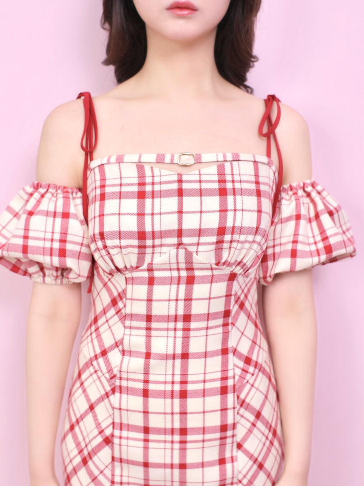 【SALE】2way check long mermaid dress (eme10514)