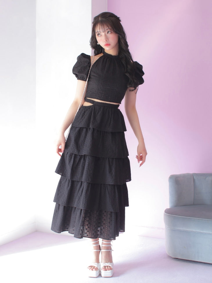 【SALE】Cotton lace tiered long skirt (eme10438)