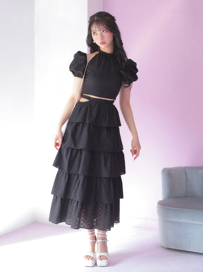 【SALE】Cotton lace tiered long skirt (eme10438)