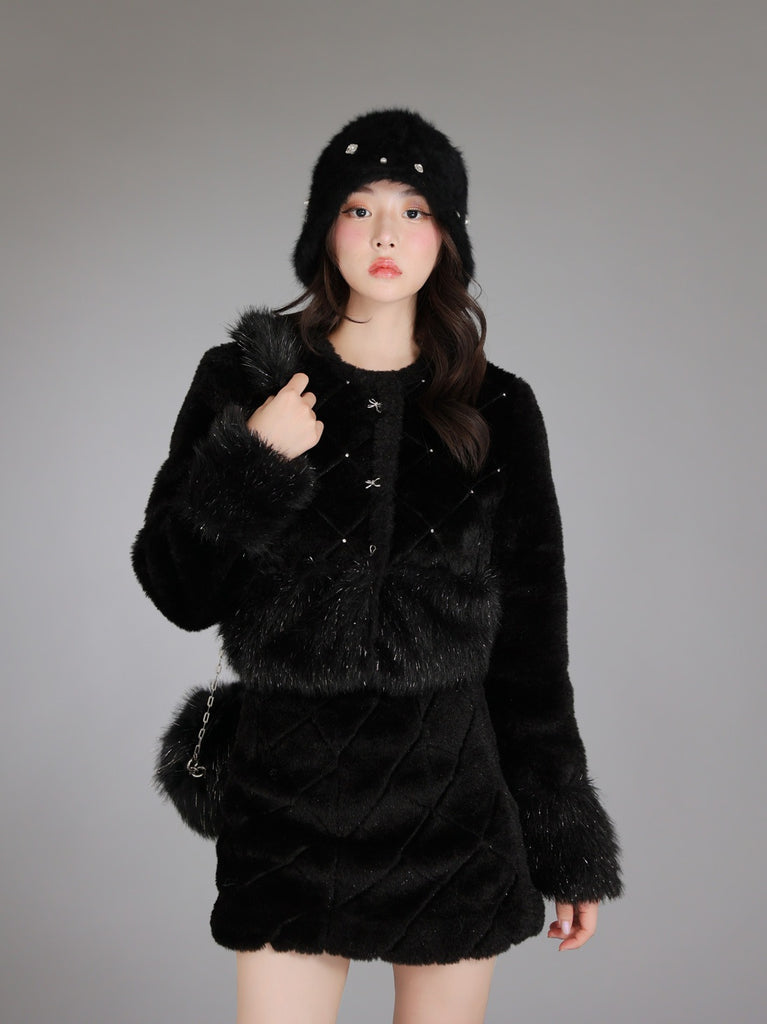 Shine fake far mini skirt(eme10358)