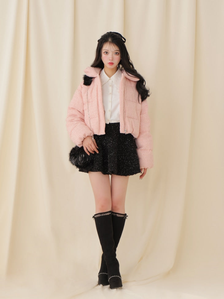 Ribbon tweed short down jacket (eme10458)