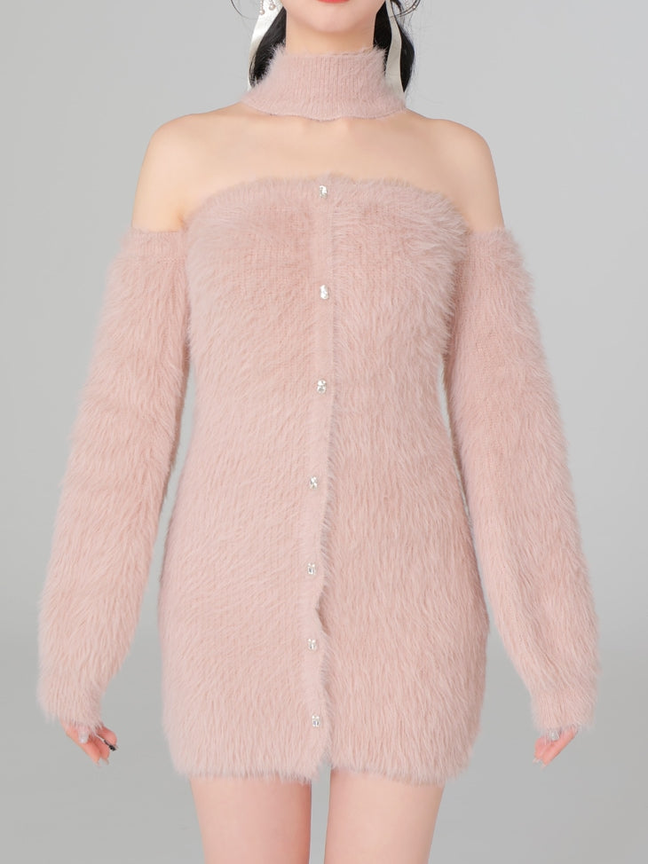 Back ribbon shaggy knit mini onepiece(eme10376)