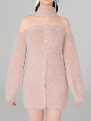 Back ribbon shaggy knit mini onepiece(eme10376)