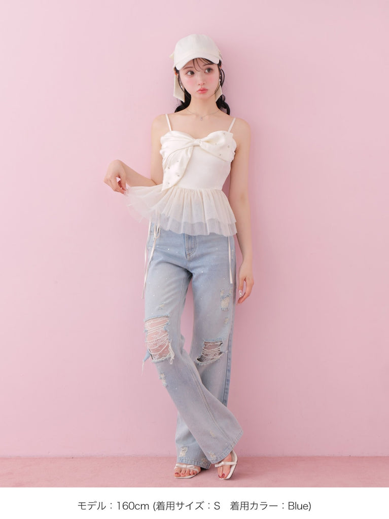 Side ribbon straight denim(eme10390)