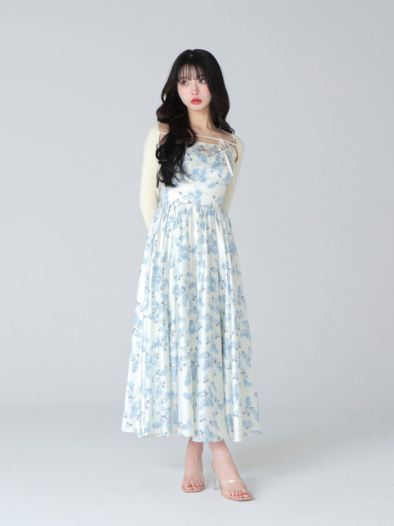 Flower ribbon flare long onepiece(eme10396)