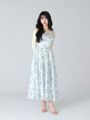 Flower ribbon flare long onepiece(eme10396)