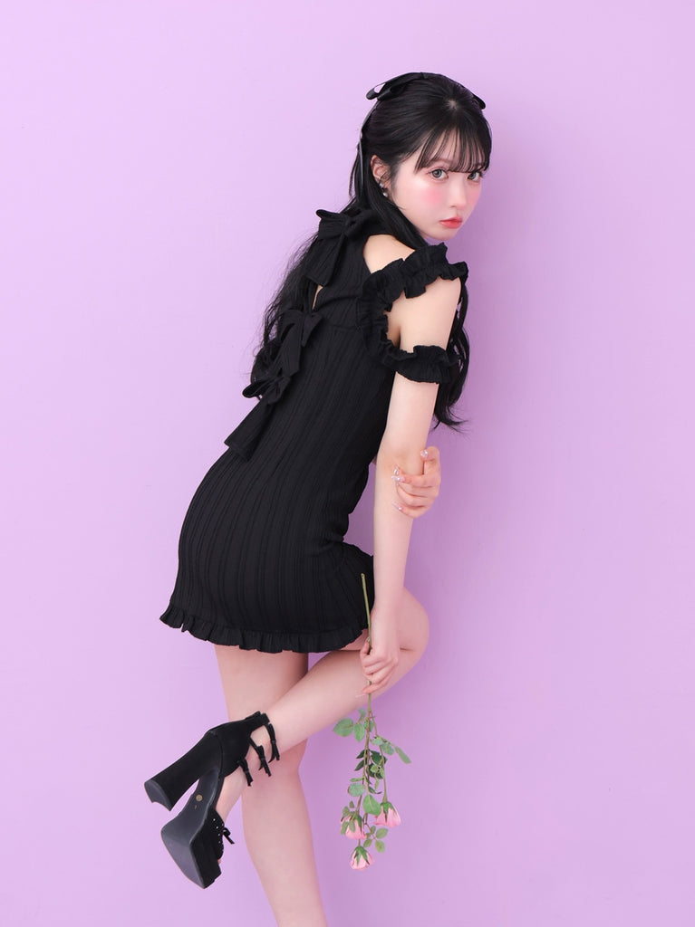 Back ribbon shirring mini onepiece(eme10705)