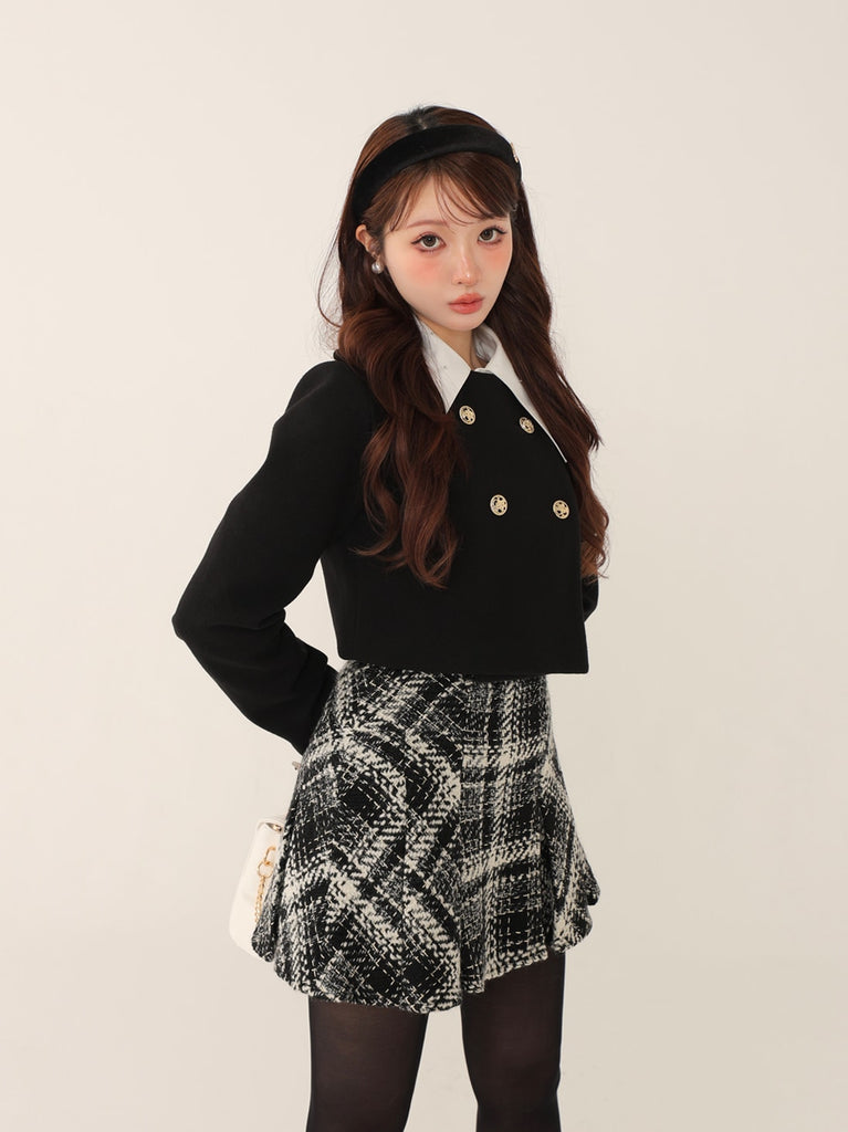 Roving check box pleated skirt(eme10726)