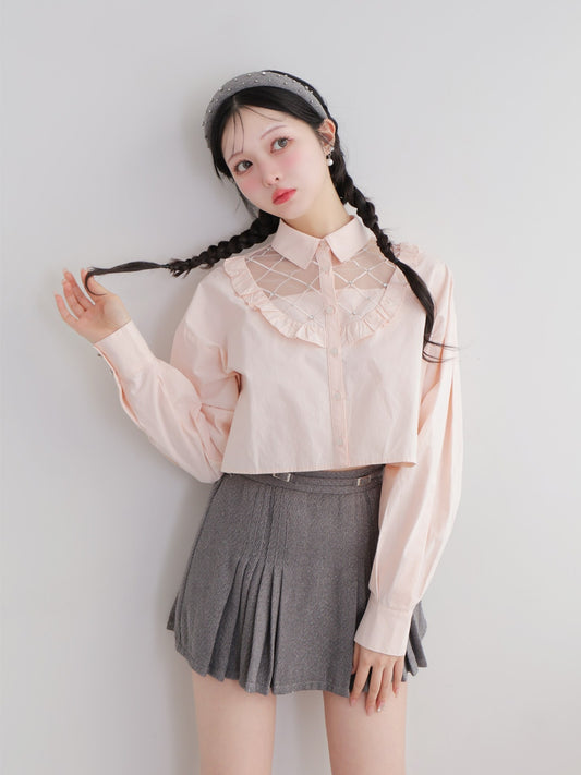 【SALE】Sheer bijou cropped shirt (eme10430)