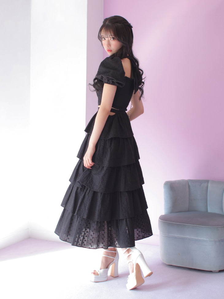 【SALE】Cotton lace tiered long skirt (eme10438)