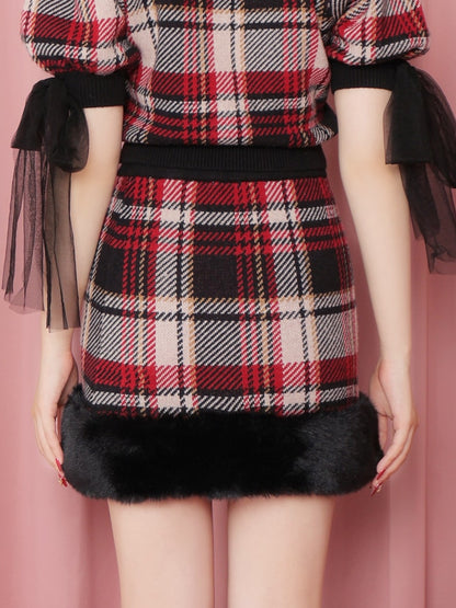 【SALE】Check knit fake fur skirt(eme10365)