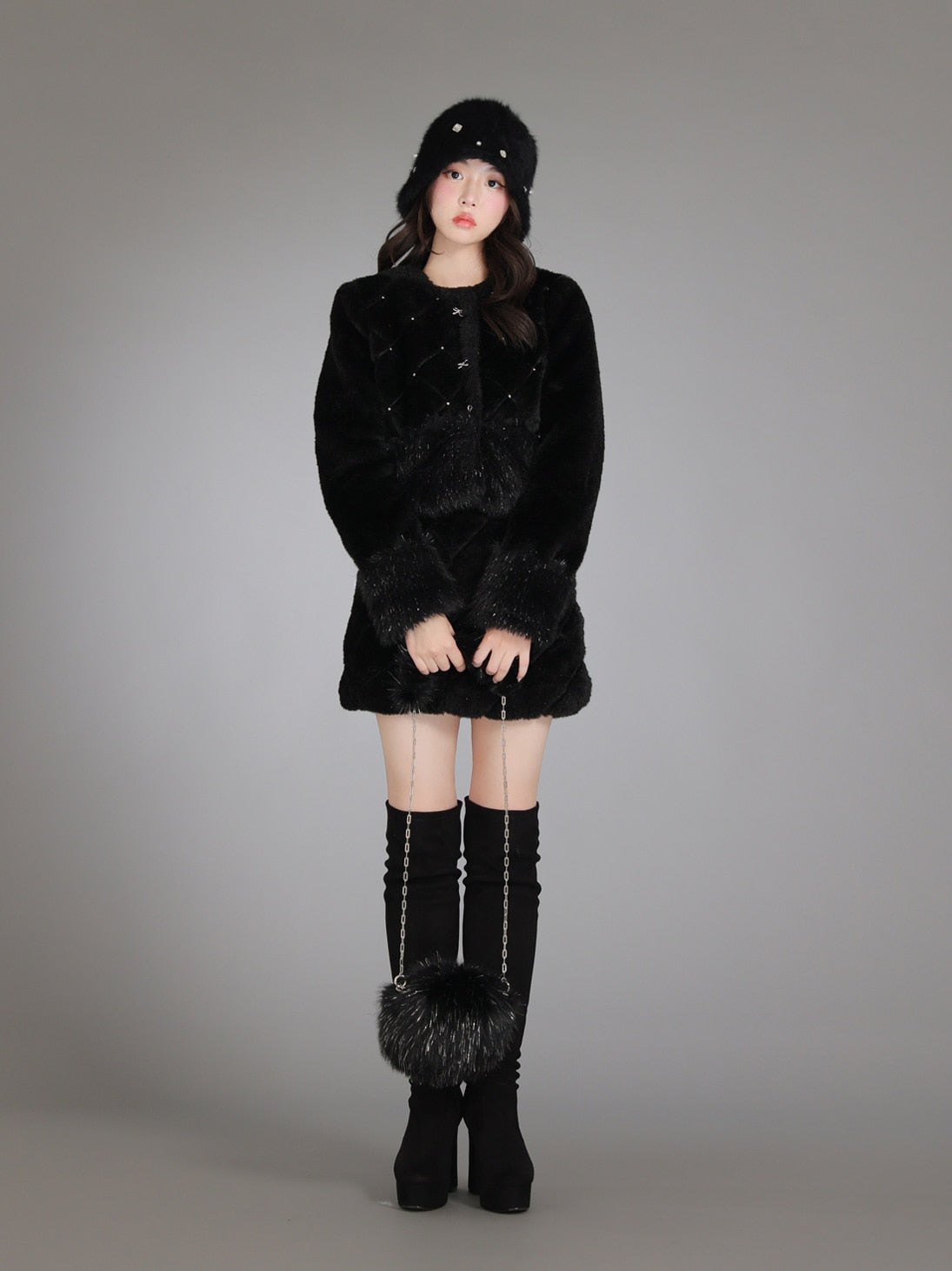 Shine fake far mini skirt(eme10358)