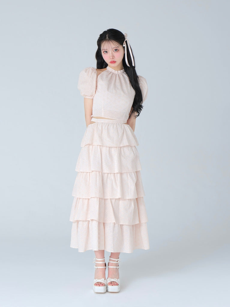 Cotton lace tiered long skirt(eme10477)