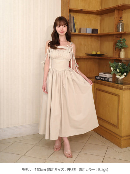Ribbon gather flare long onepiece(eme10713)