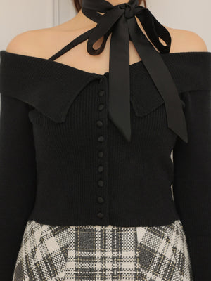 Decollete ribbon off shoulder knit tops(eme10371)