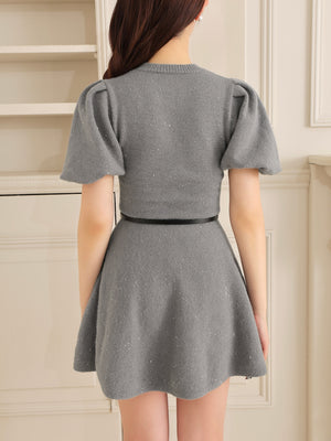 Sequin puff knit belt onepiece(eme10552)