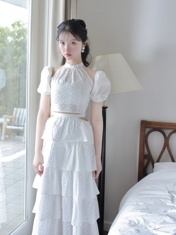 【SALE】Cotton lace tiered long skirt (eme10438)