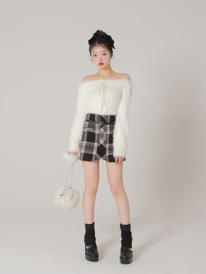 Ribbon off shoulder shaggy knit tops (eme10525)