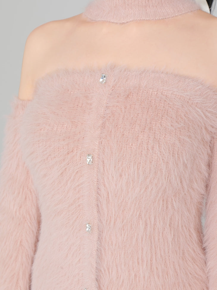 Back ribbon shaggy knit mini onepiece(eme10376)