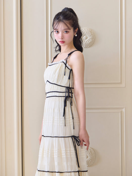 Side ribbon tiered chiffon long onepiece(eme10385)