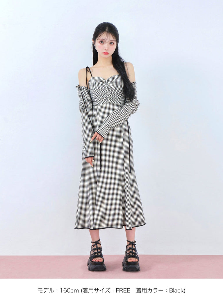 Gingham check ensemble long onepiece(eme10812)
