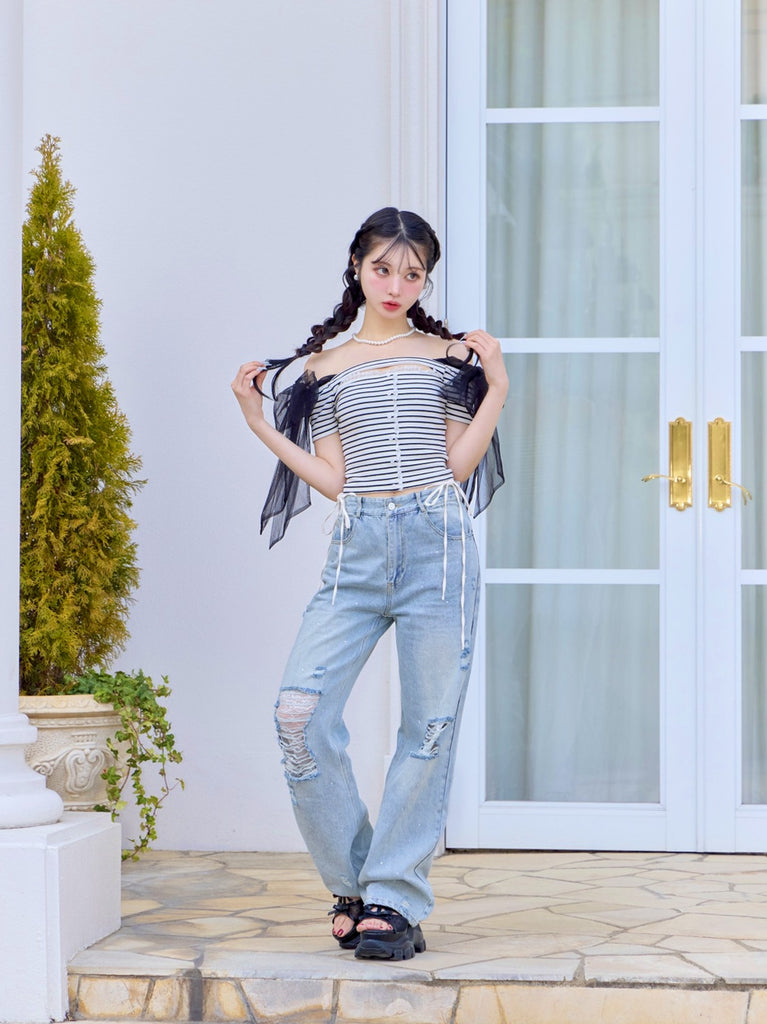 Sheer dot ribbon sport sandal(eme10539)