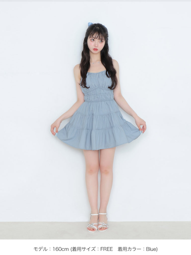 Back ribbon gather flare mini onepiece(eme10704)