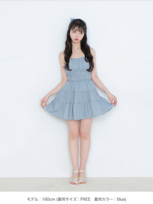 Back ribbon gather flare mini onepiece(eme10704)