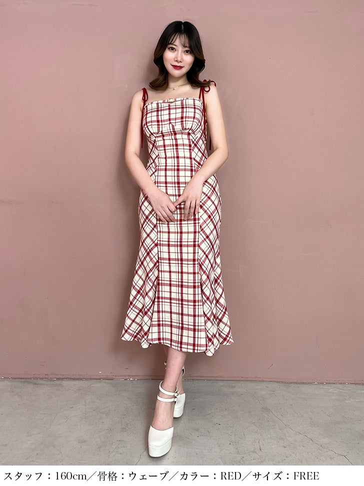 【SALE】2way check long mermaid dress (eme10514)