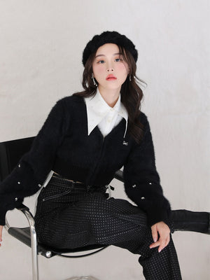 V neck shaggy knit cardigan(eme10360)